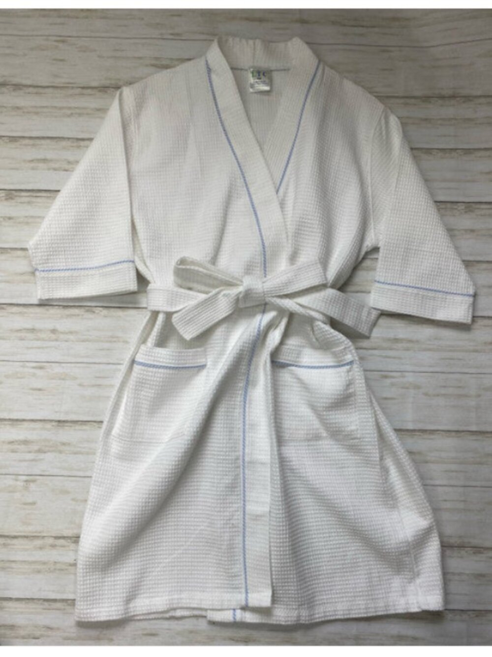 White Waffle Robe with Blue Seersucker Trim - Size XL
